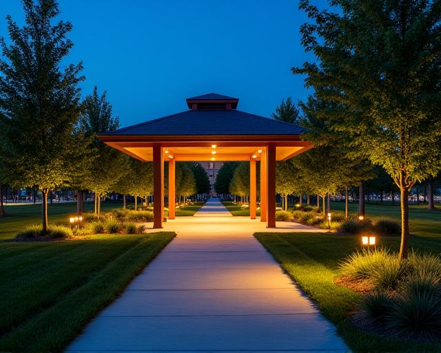 A public park pavilion at night, with pathway and architectural lighting.